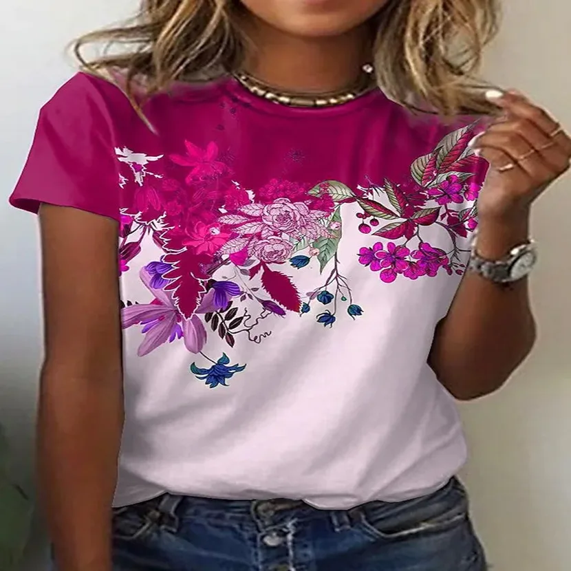 

New Summer Fashion Loose Women's Short Sleeve T-Shirt 3D Floral Print Short Sleeve T-Shirt Soft Round Neck Women