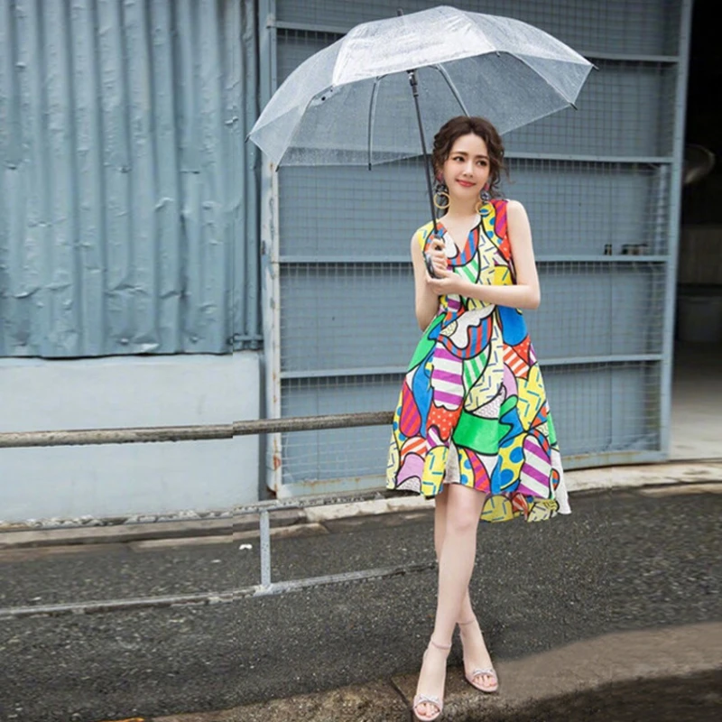 

Sleeveless V-neck printed waist slim A- shaped dress summer new dress