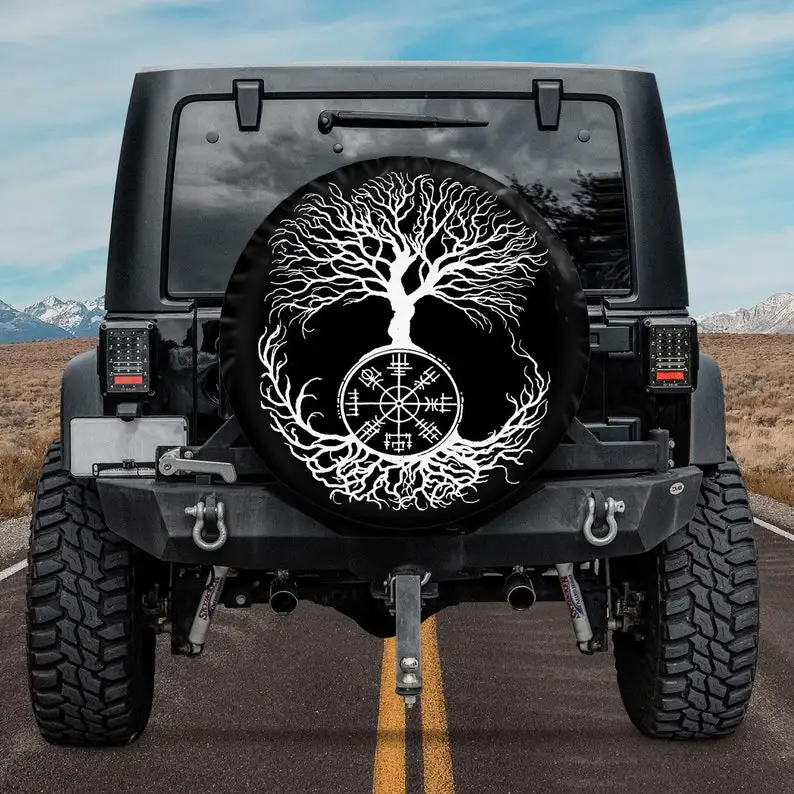 

Vegvisir, Sacred Yggdrasil Tree, Ravens of Odin Viking Rune Camping Truck Tire Cover, Funny Spare Tire Cover, Father Day Gift