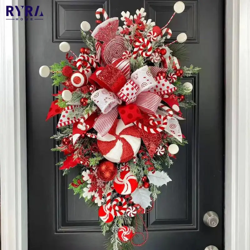

Красный Рождественский венок из тростника, украшения на стену входной двери, рождественская елка, гирлянда, украшение для прихожей, Рождест...