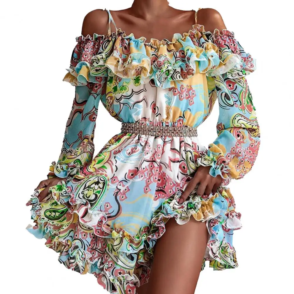 

Sling Design Elastic Waist Long Sleeve Ruffles Frill Hem Mini Dress Leopard Print Off Shoulder Lady Summer Vestidos Femme Robe