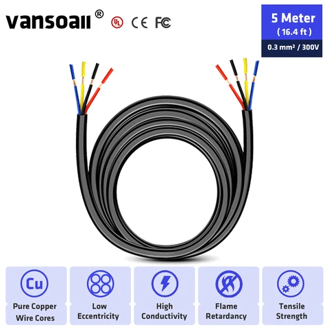 4-жильный удлинитель RVV из чистой меди, 5 м, с мягкой оболочкой, кабель 22AWG, для видео, аудио, сигнала управления и т. д., видеодомофона