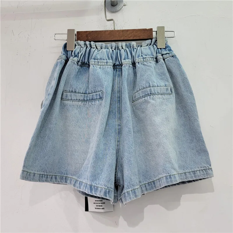 2023 Summer New Heavy Industry Tassel Bead Diamond High Waist Slimming Wide-Leg Denim Shorts Women