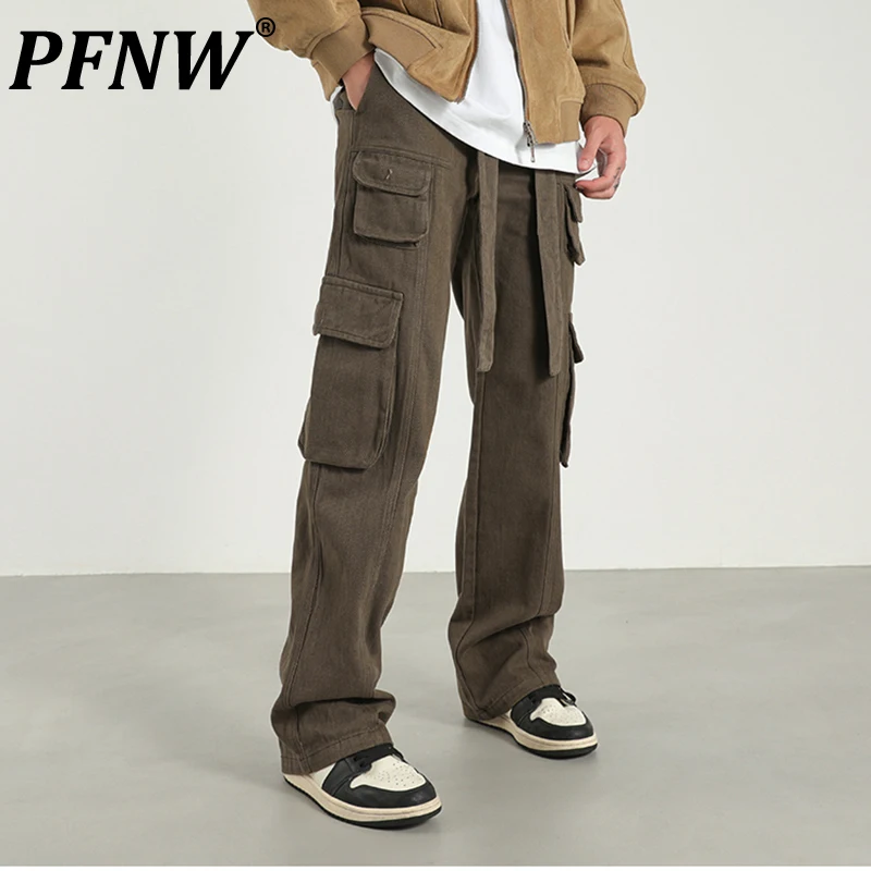 

PFNW Spring Autumn Men's Fashion Loose Cargo Pants Tide Zippers Vintage Drape Straight Baggy Side Pockets Youth Overalls 12A7540