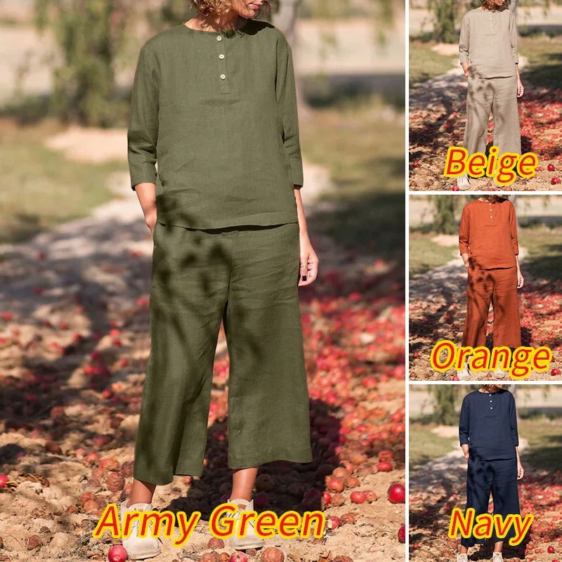 

Женский винтажный комплект из 2 предметов, хлопковый однотонный комплект большого размера с длинным рукавом и винтажными штанами в национальном стиле, 2023