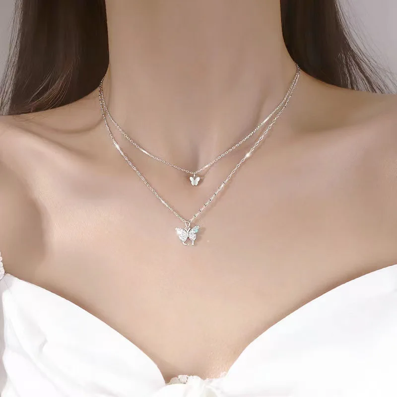 

Luxury Silver Shiny Butterfly Necklace Women's Double Layer Pendant Collar Chain Necklace Fashion Romantic Wedding Party Jewelry