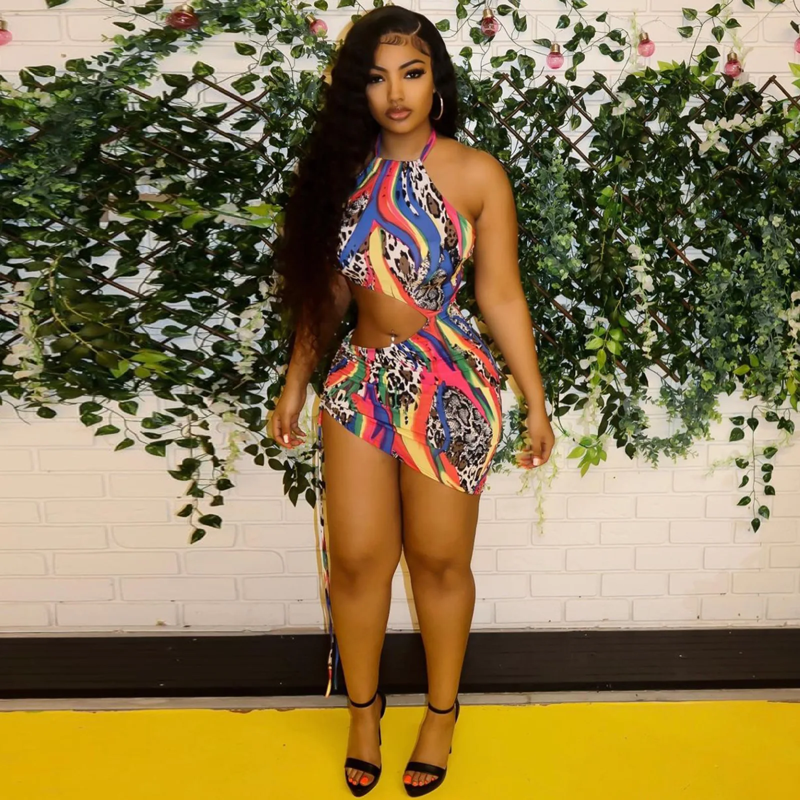 

Tie Dye Print Sleeveless Sheath Mini Dress Halter Bodycon Sexy Streetwear Party Club Women 2022 Summer Clothes Slim Fashion