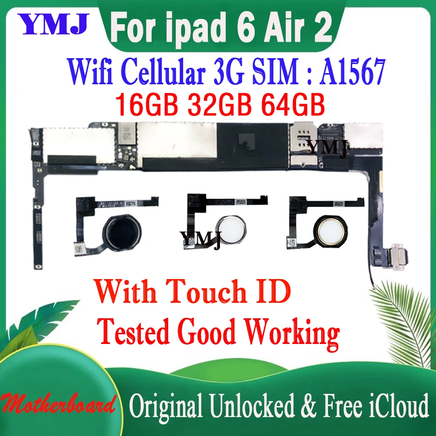 

Motherboard For iPad 6 Air 2 Logic Board WIFI Cellular SIM Version A1567 Mainboard Free iCloud No ID Account Original Unlock MB