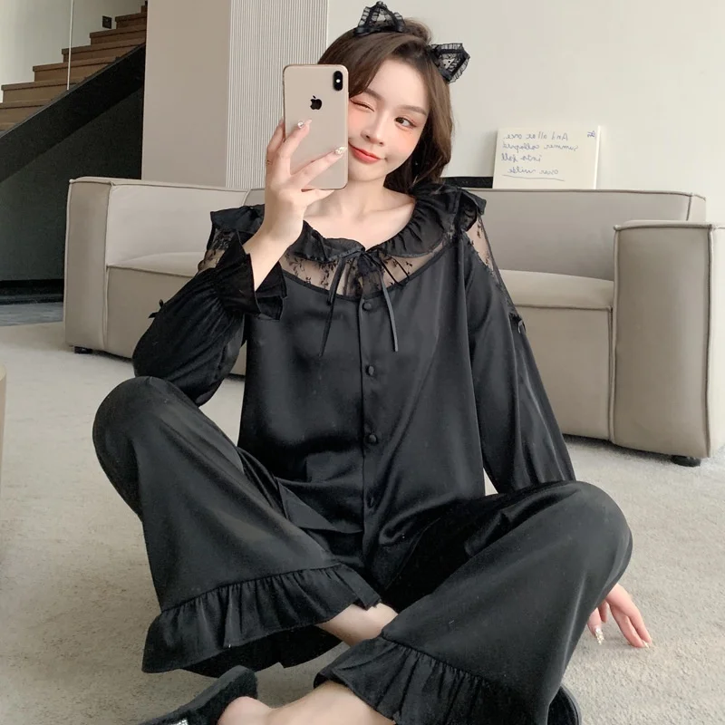 Lisacmvpnel Women's Spring And Summer Ice Silk Long Sleeve Set Pajamas French Court Style Home Clothes Sleepwear