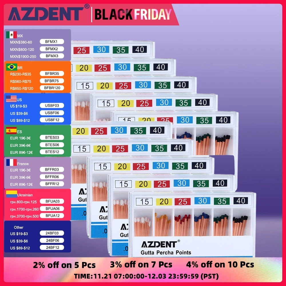 600 шт = 10 упаковок стоматологические точки гуттаперча AZDENT Gapadent конусные