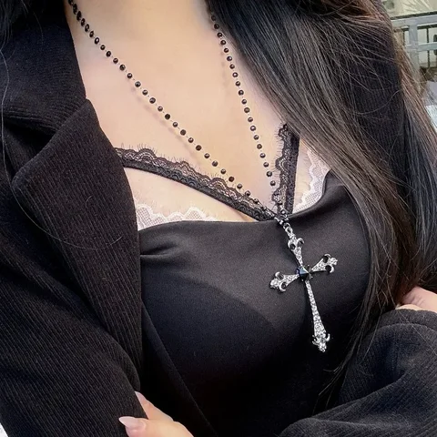 Винтажное готическое ожерелье с крестом Y2k, ожерелье с ключицей, модное длинное массивное колье с цирконием, уникальный стиль для женщин и мужчин