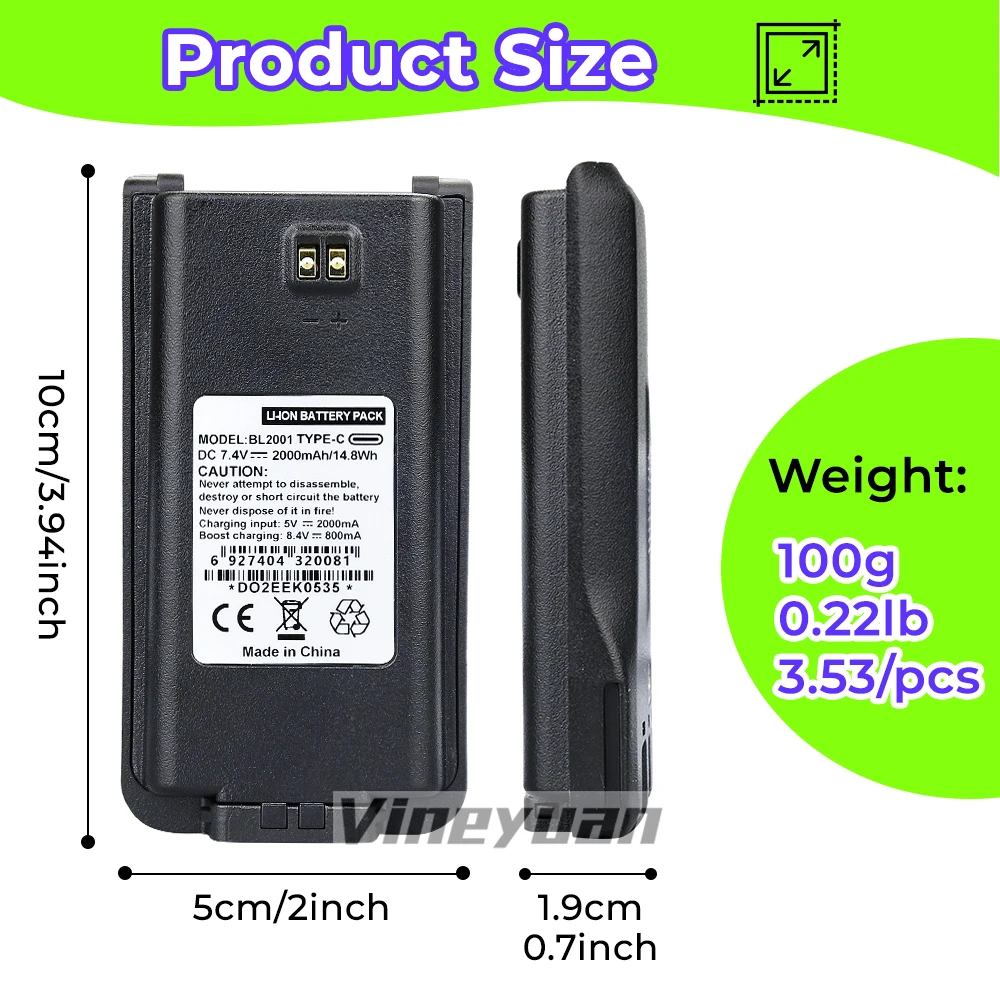 Фото Литий-ионный аккумулятор HYT BL2001 2000 мАч Type-C USB для радиостанций Hytera TC-610, TC-610P, TC-618, TC-620, TC-626, BL1204 №3