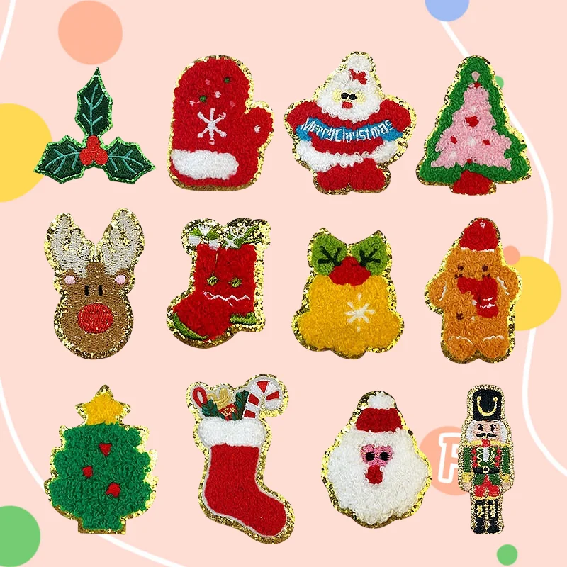 New Merry Christmas Iron On Patches Adorable Snowman Biscuit Tree Designs with Chenille Sequin Edges Holiday Season