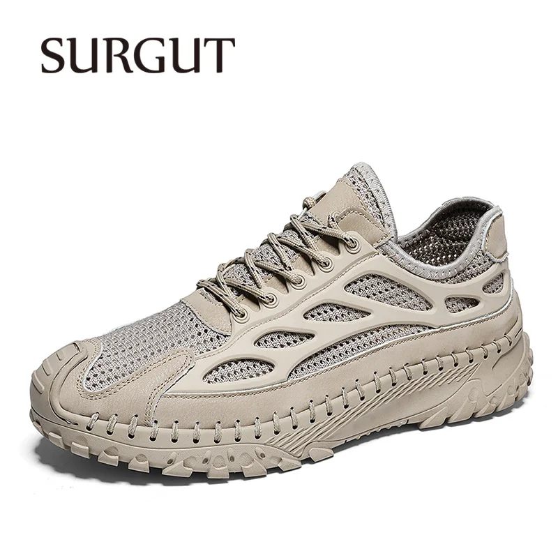 

SURGUT Men Casual Shoes Sports Sneakers Lace Up Durable Soft Outsole Fashion Handmade Walking Shoes Men's Mesh Breathable Shoes