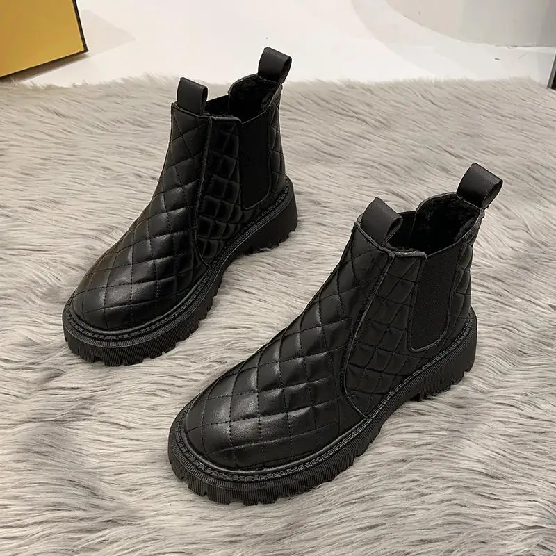 Black Beige Women's Boots Non-Slip Snow Boots Women Raise The Bottom Warm with Velvet Short Lattice Boots Platform Boots