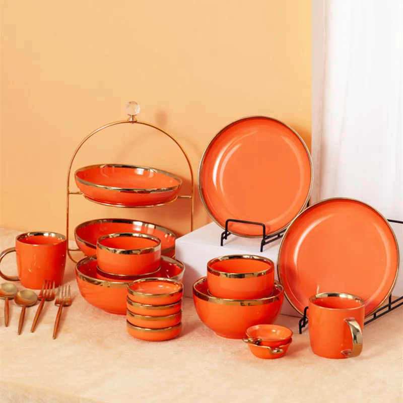 

High-quality Bright Gilt Rim Orange Porcelain Dinner Tray Kitchen Plates Ceramic Tableware Food Dishes Rice Salad Noodles Bowl