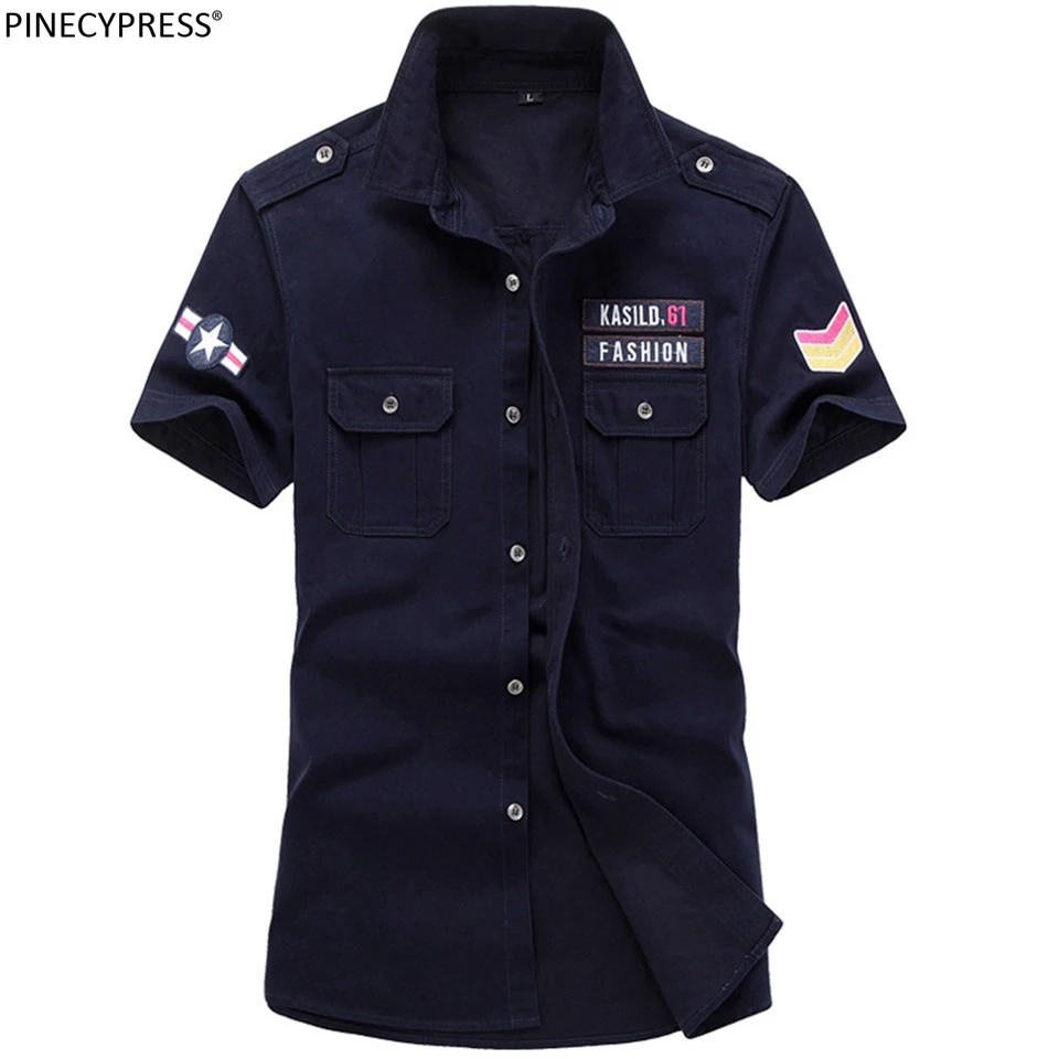 

Men Shirt Short Sleeve 100% Cotton Casual 2021 Summer Army Male Youth Fashion Military Green Navy Blue Khaki Pockets Man Shirts