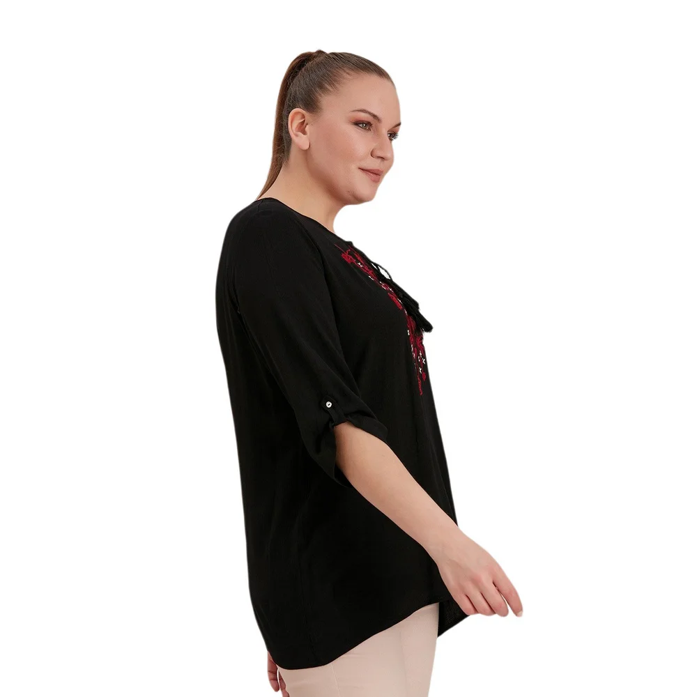 Fierte Women Plus Size Blouse Rg4312 Round Lacing Collar Embroidery Detail Folding Sleeve Summer Casual Black Green Indigo