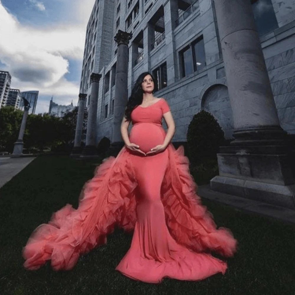 

Fuchsia Mermaid Pregnant Women Photo Shoot Robes Tulle Ruffles Maternity Robe Women Dress Baby Shower Gowns Photography
