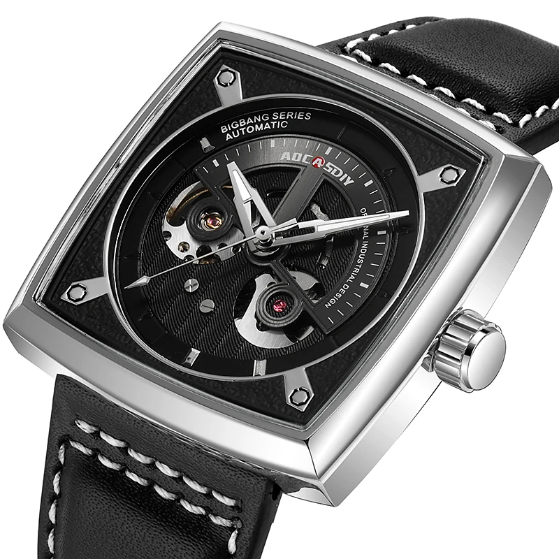 

Top Brand Fashion Business Watch for Men AOCASDIY Leather Strap Automatic Mechanical Clock Relógio Masculino Reloj Hombre