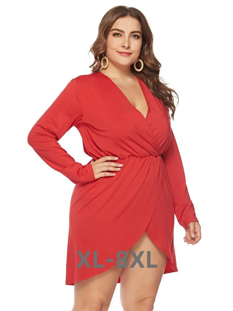 

Plus Size Elegant Long Sleeve v Neck Irregular Mini Dres Women Slim Fit High Waist Casual Dress Ladies Summer 3xl 4xl 5xl 6xl
