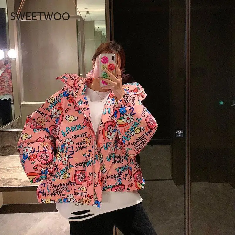 2022 Women Winter Jacket New  Cotton-Padded Women Short Jacket Printed Loose  Thickened Fashionable Student Trendy Jacket
