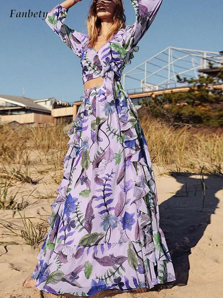 

Women Elegant Floral Print Boho Skirt Outfits Sexy V Neck Bow Tie-up & Long Dress Suit Casual Long Sleeve Chiffon Two Piece Sets
