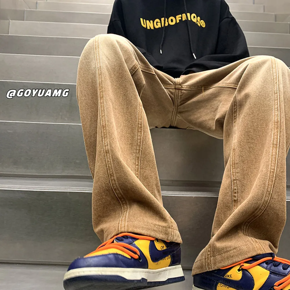 Vintage Mens Jeans Loose Straight Leg Autumn/Winter High Street Fashion Brand American Street Vibe Long Pants for Men