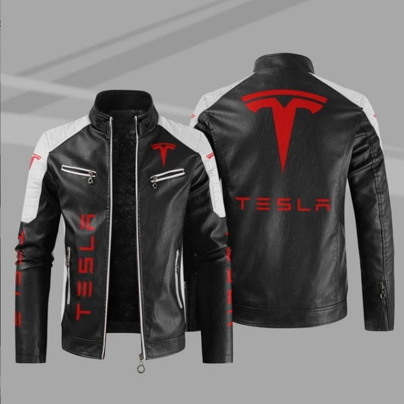 Tesla Logo Leather Jacket Men Winter Fleece Motorcycle PU Leahter Jacket Male Stand Collar Casual Windbreaker Ropa De Hombre Sli