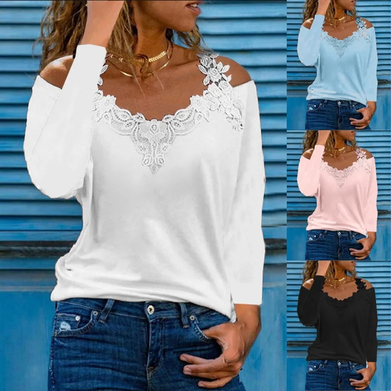 2022 Women Fashion S-3XL Pink T-Shirt Casual Blouses Lace Stitching Cold Shoulder Long Sleeves Spring and Autumn Tops