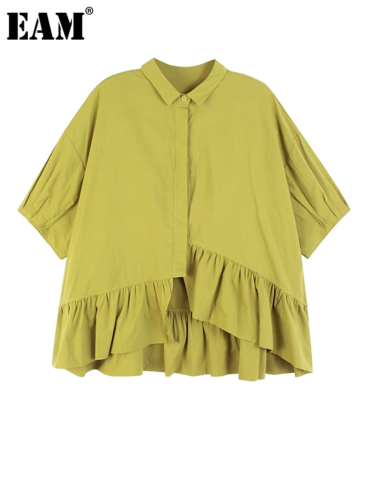 

[EAM] Women Yellow Ruffles Big Size Blouse New Lapel Three-quarter Sleeve Loose Fit Shirt Fashion Spring Summer 2022 1DE8262