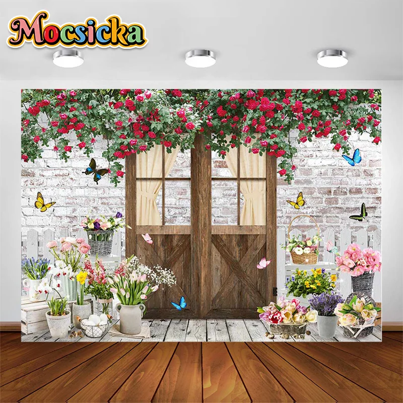 

MOCSICKA Spring Brick Wall Flowers Backdrops for Photography Wooden Door Girl Portrait Photo Background Studio Shoot Props