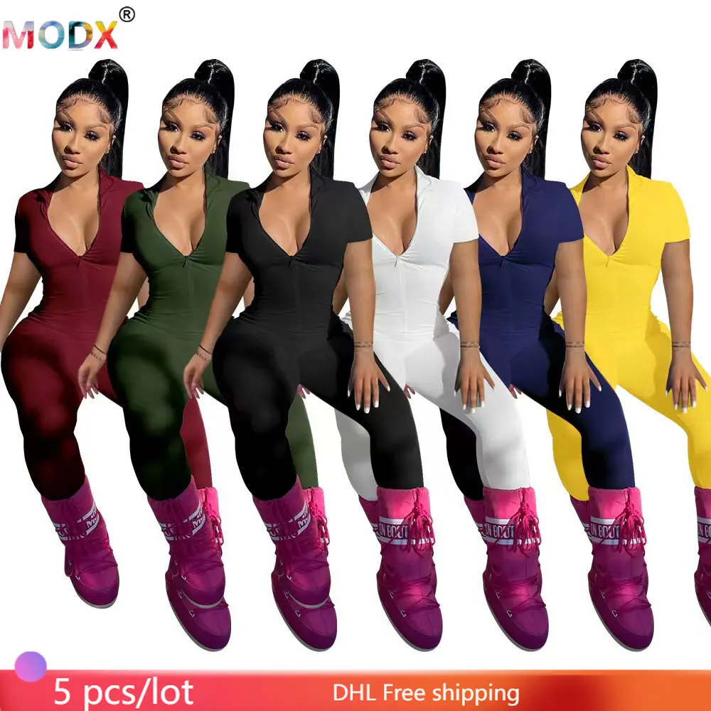 

5 Pcs Women's Jumpsuit Short Sleeved Round Solid Color Slim Fitting Sports Fitness Street Clothing Y2K Clothing Wholesale 9776
