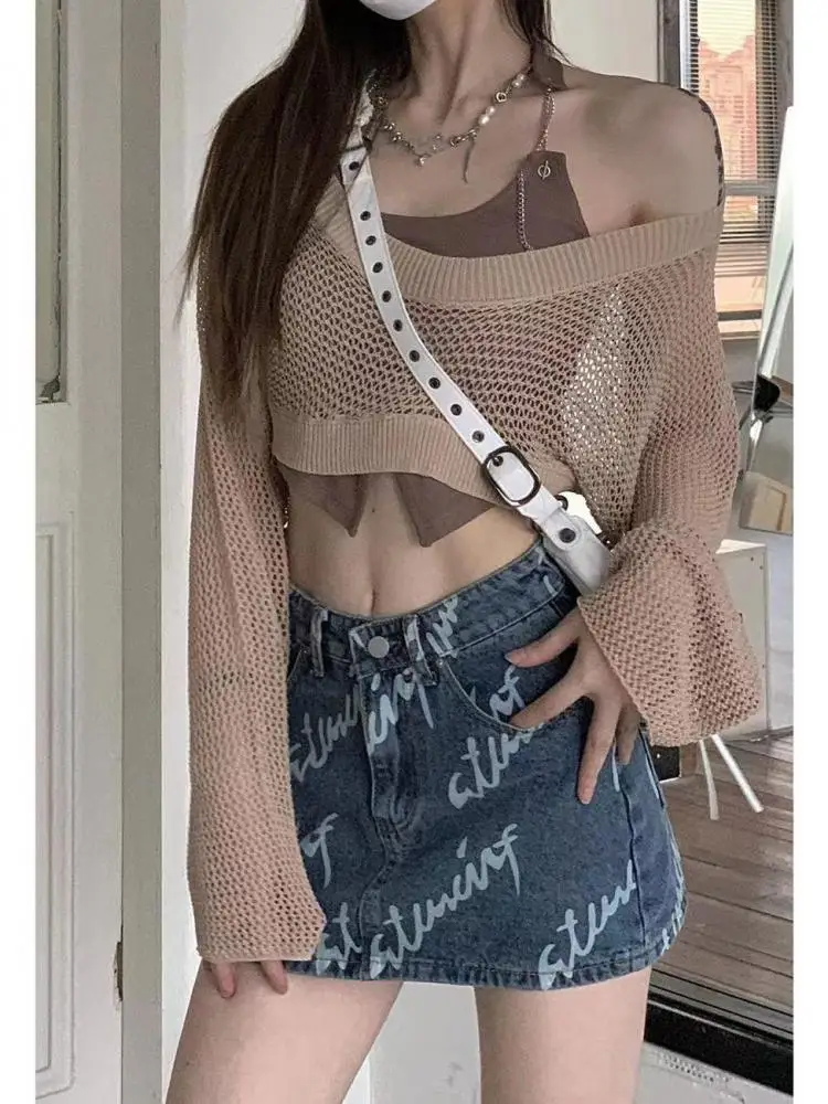 Seeslim Chic Hollow Out Knitted Smock Long Sleeve T Shirt Women +chain Halter Top 2022 Summer Korean Fashion Streetwear Y2k