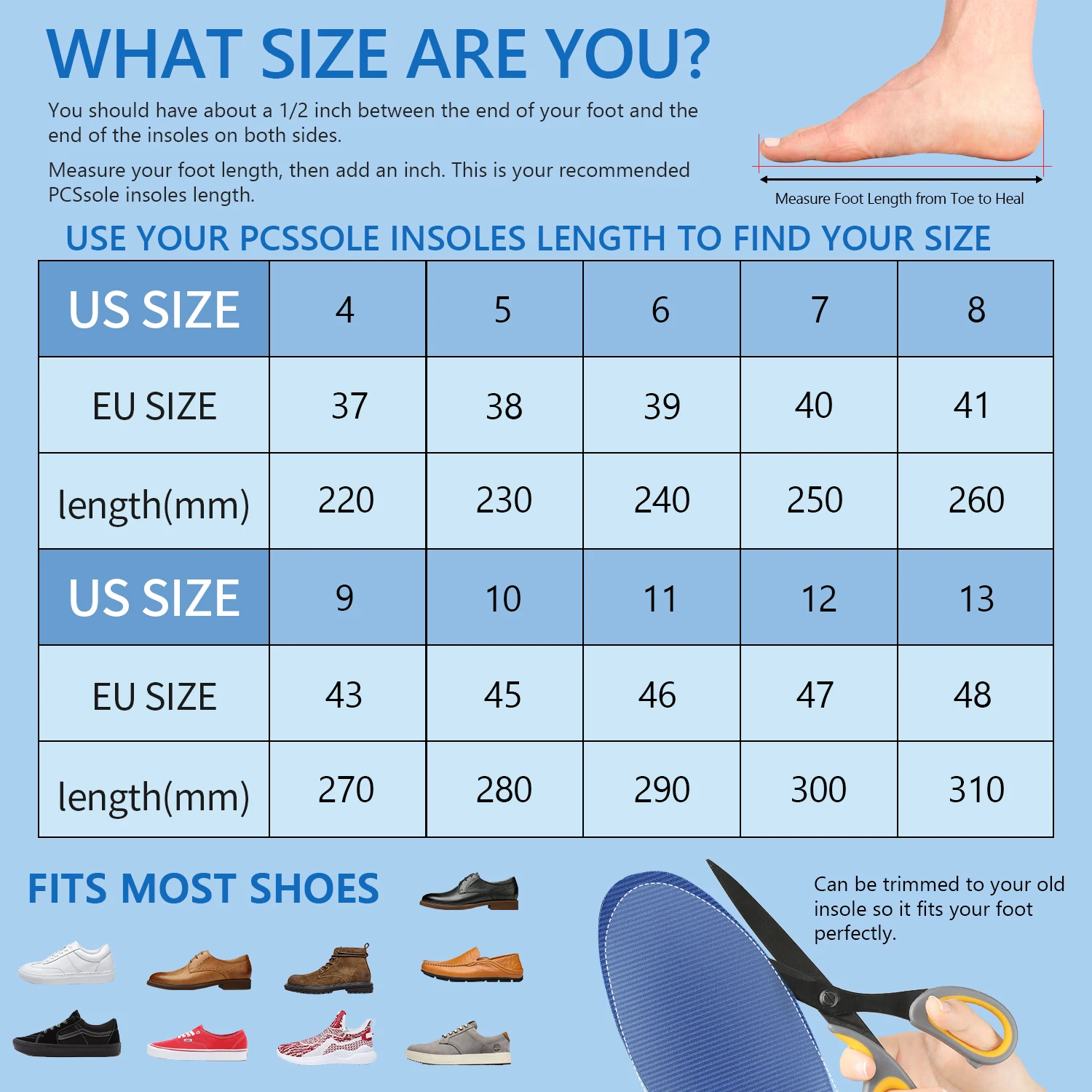 PCSsole 3cm High Arch Shoe Insole Orthopedic Flat Foot Plantar Fasciitis Insole Blue Memory Foam EVA Sole  Sport Insoles 126