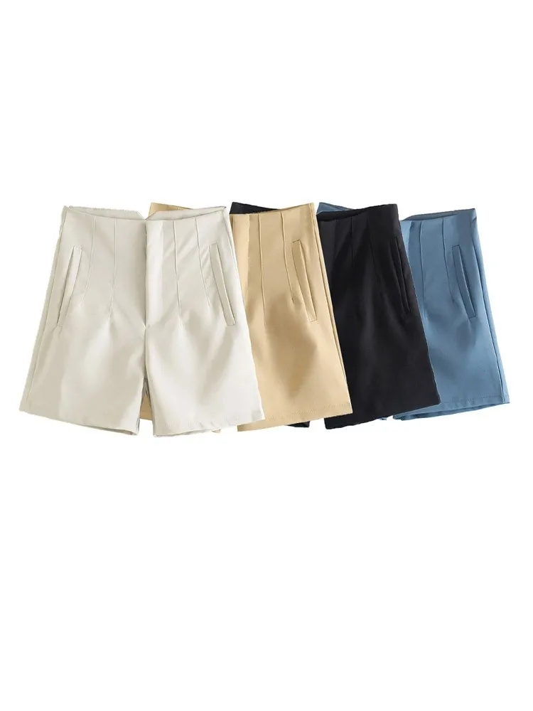 

Huaxiafan Women Fashion Front Darts Side Pockets Shorts Vintage High Waist Zipper Fly Female Short Pants Mujer