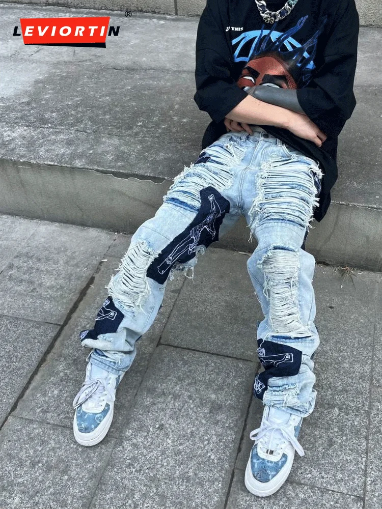 

Fashion Streetwear Mens Washed Knife Cut Damaged Patch Ripped Jeans Stitching Men's and Women's Straight Loose Wide Leg Pant