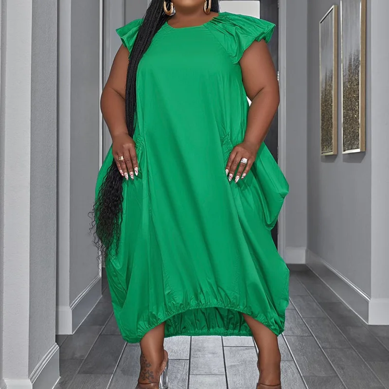 Fashion Round Neck Solid Color 3/4 Lotus Leaf Sleeve Plus Size Women's Clothing Double Pockets Loose Streetwear Irregular Dress