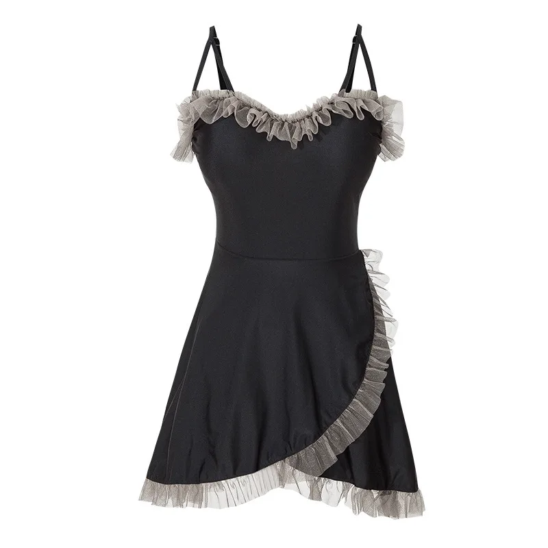 New One-Piece Swimsuit Women's Conservative Skirt Style Boxer Small Chest Gathering Fairy Fan Hot Spring Swimming