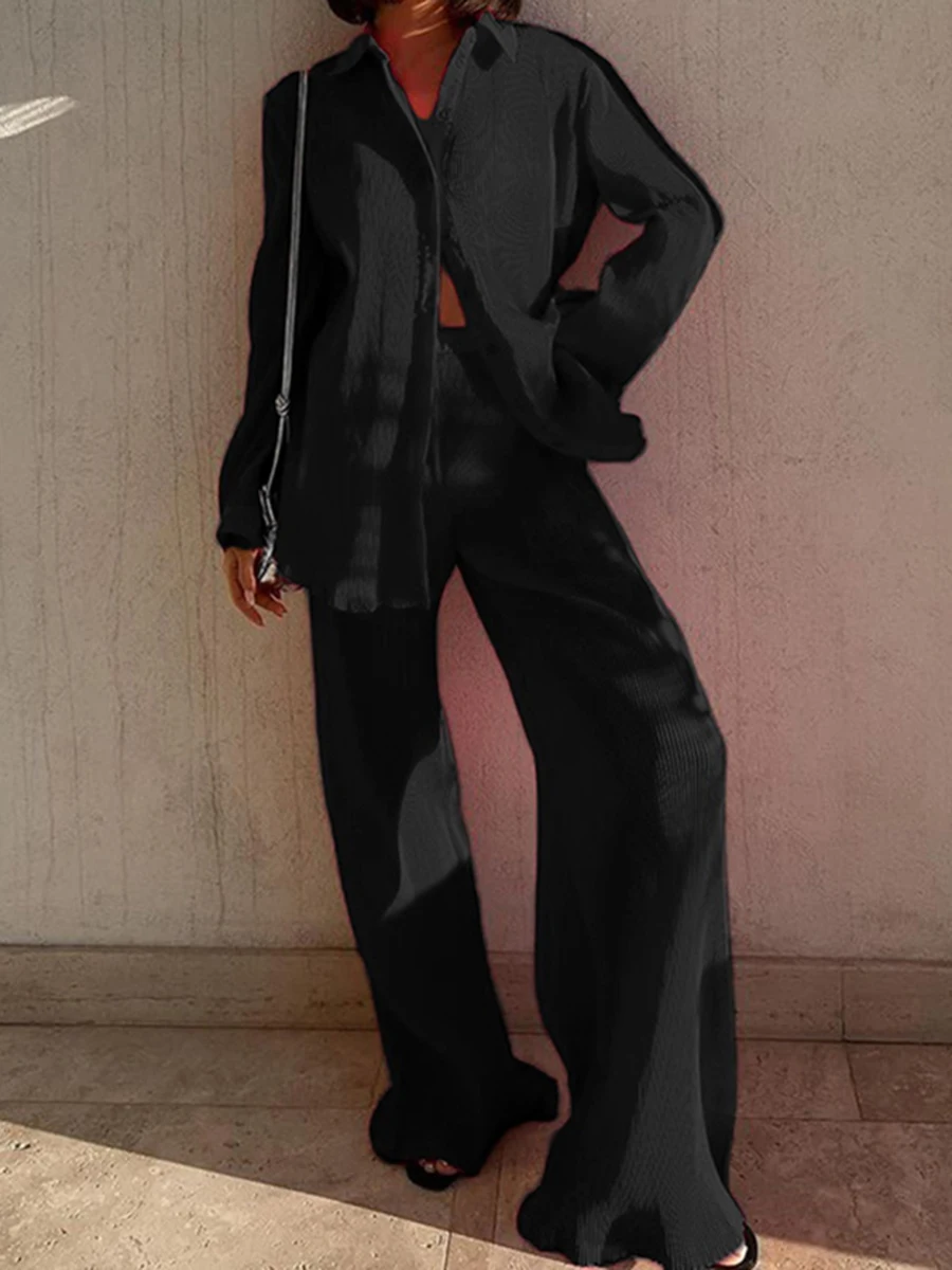 

Women Two-Piece Pajamas Suit Solid Color Turn-Down Collar Button-Down Long Sleeve Tops + Elastic Waist Long Pants Set Sleepwear