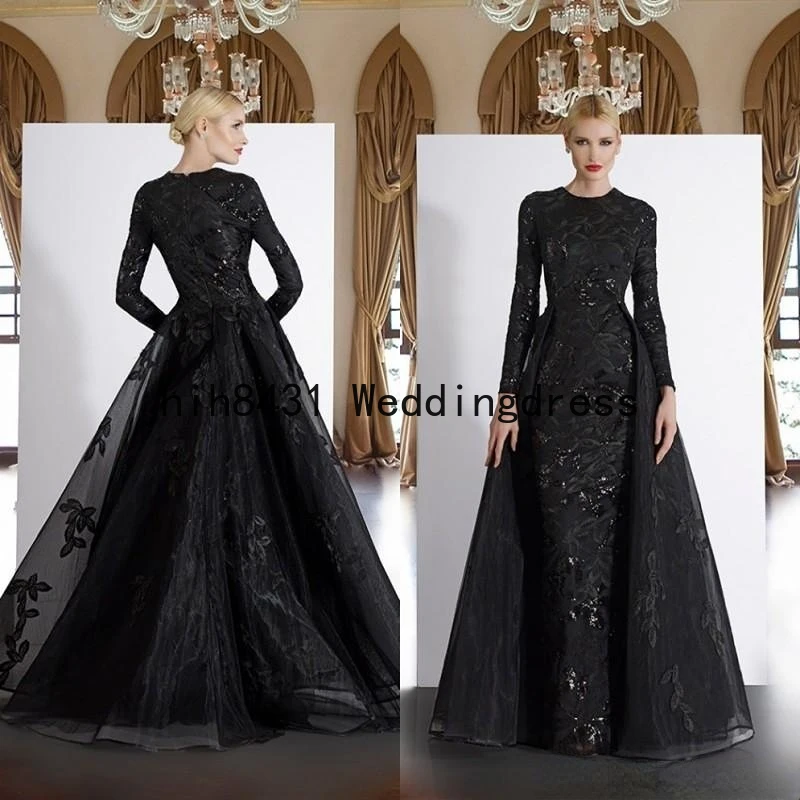 

Delicate Lace Mermaid Evening Dresses Arabic Dubai Muslim Long Sleeves Appliques Sequins Formal Gowns with Detachable Train