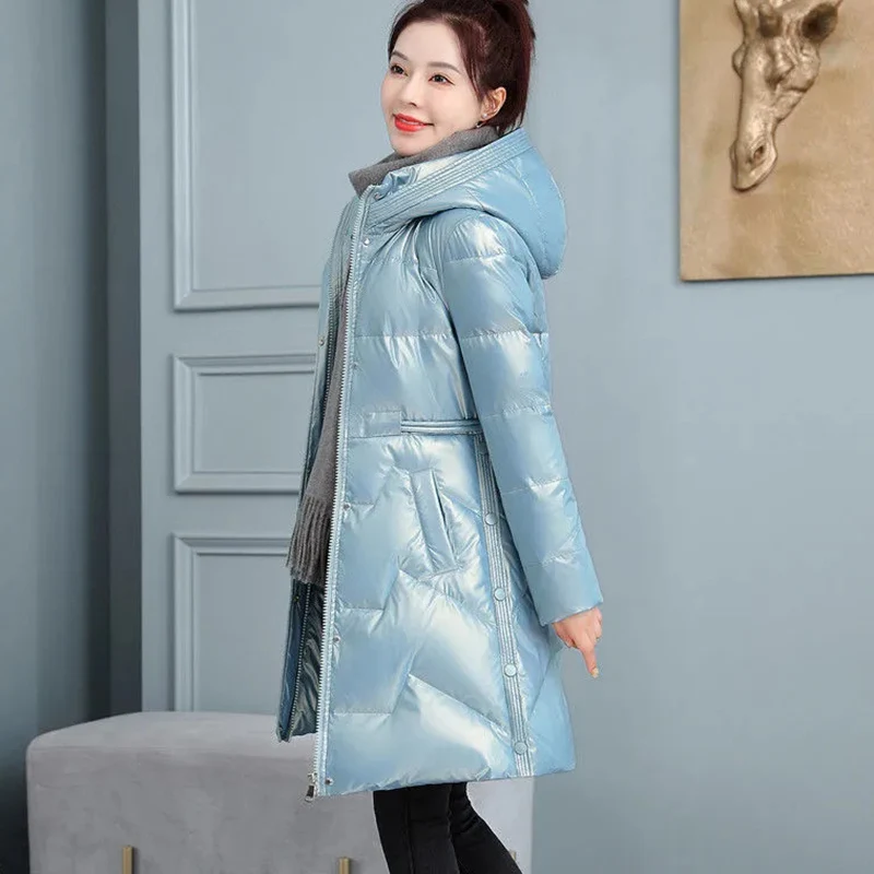 New Winter Jacket Coat Cold Warm Cotton Outerwear Womens Long No Wash Glossy Down Cotton Jackets Casual Hooded Parka Overcoat