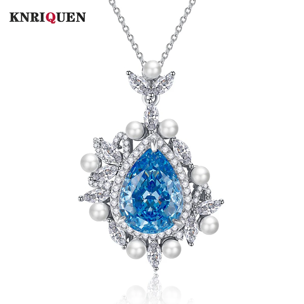

Retro 100% 925 Real Silver 11*15mm Aquamarine Topaz Pearl Pendant Necklace for Women Lab Gem Diamond Cocktail Party Fine Jewelry