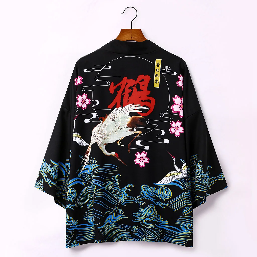 

3/4 Sleeve Men Kimono Robe Chinese Cardigan Shirt Coat Print Casual Loungewear Underwear Bathrobe Summer Home Wear S-XXL