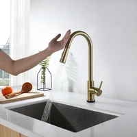 304 stainless steel kitchen sink water gold brushed color pull out smart touch sensor kitchen faucet