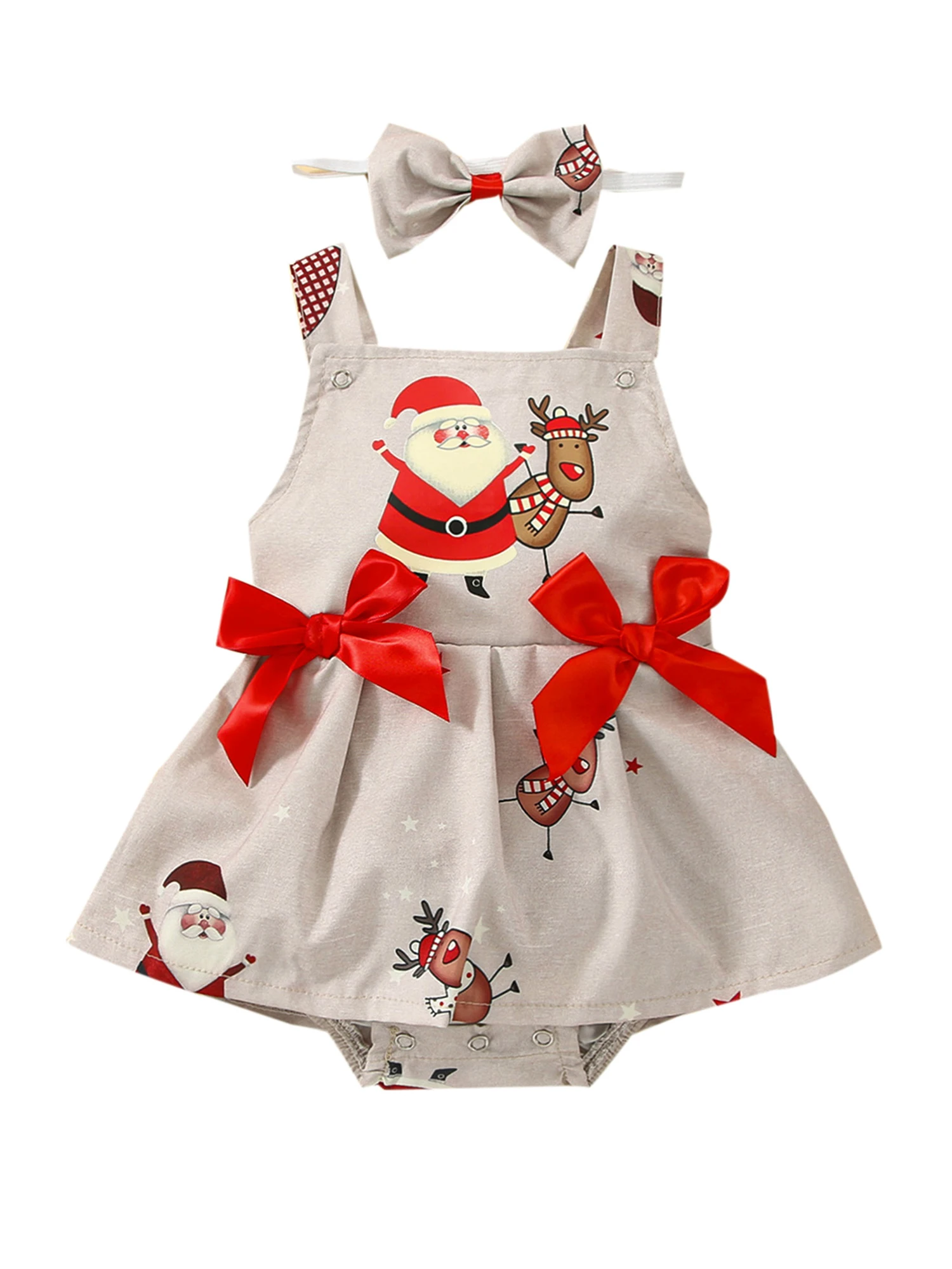 

Baby Girls 2Pcs Christmas Outfits Sleeveless Bow Front Romper Dress Headband Set