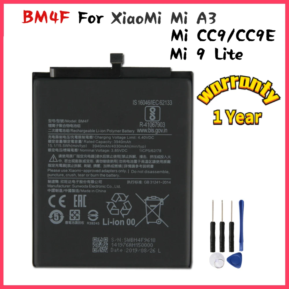 New yelping BM4F Phone Battery For Xiaomi Mi A3 CC9 CC9E Mi9 Lite Battery Compatible Replacement Batteries 4030mAh Free Tools