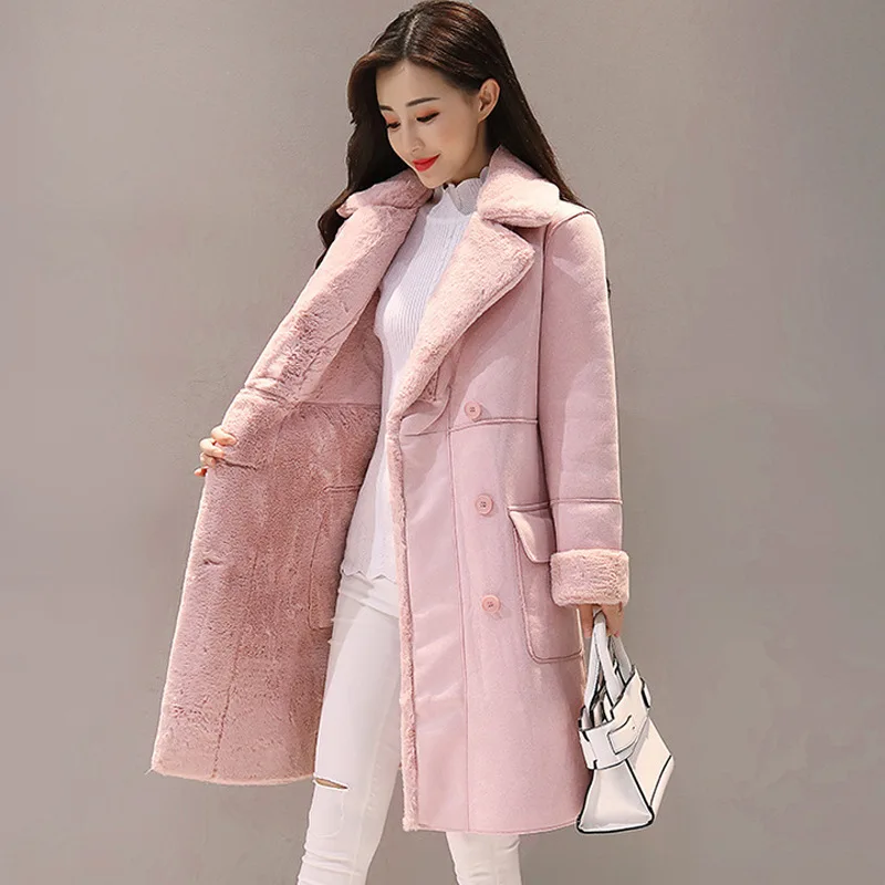 KoHuiJoo  Lambs Wool Jacket Women Winter 2022 New Thick Warm Long Suede Coat Double Breasted Loose Cotton padded Jackets Pink