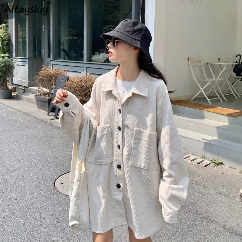 

Винтажные вельветовые куртки, женские осенние теплые модные Универсальные однотонные пальто с карманами, Женская Офисная уличная одежда, п...