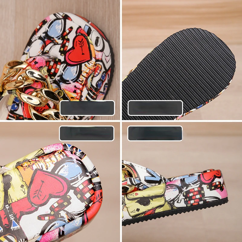 Women's Slippers Summer PU Leather Flat with Chain Flip-flops Plus Size Beach Flatform Shoes